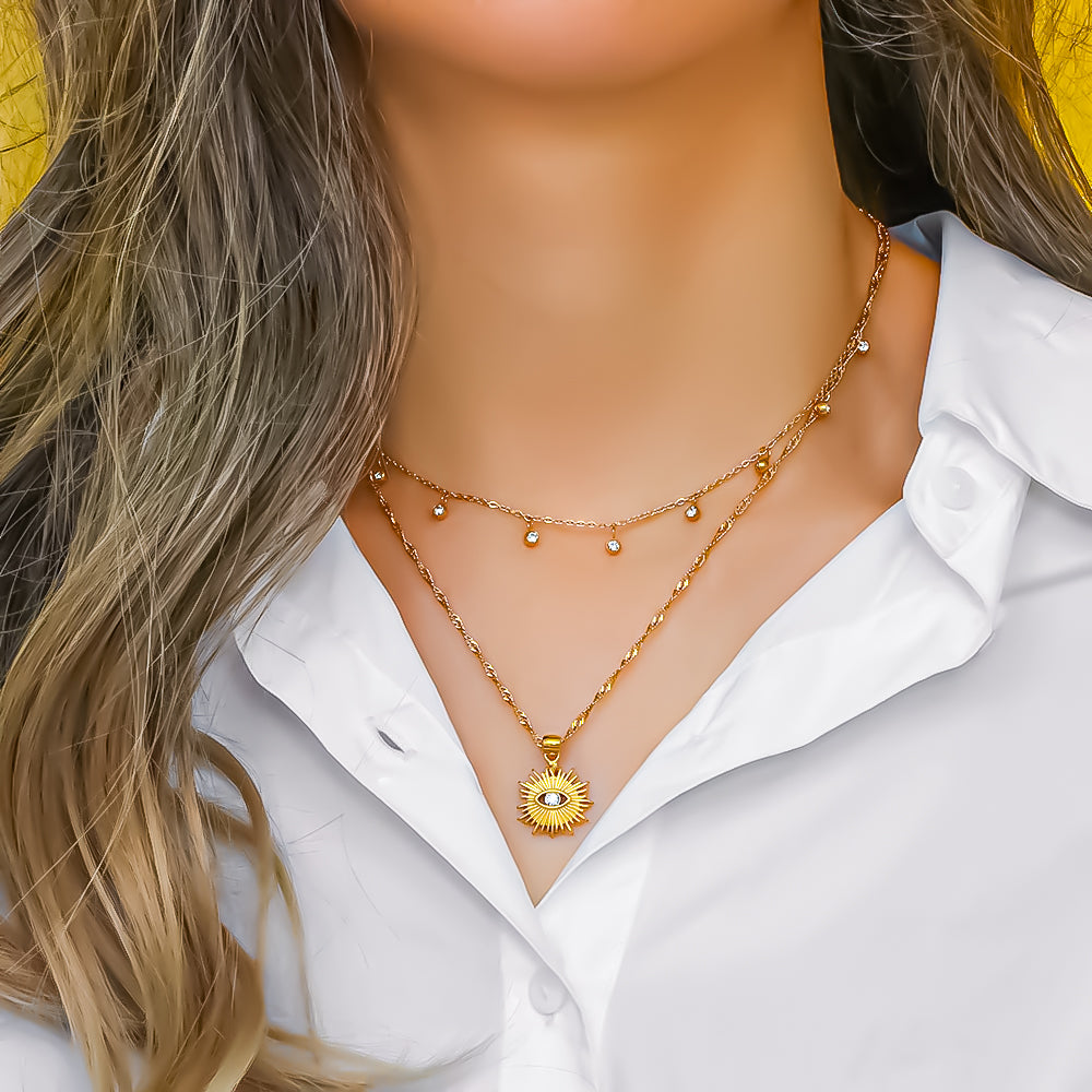 Sonnenamulett-Halsband mit natürlichem Aventurinstein, plattiert mit 18 Karat Gold