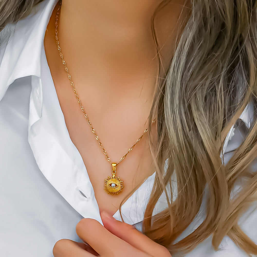 Sonnenamulett-Halsband mit natürlichem Aventurinstein, plattiert mit 18 Karat Gold