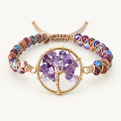Pulsera VIOLETTA de jaspe violeta en doble vuelta con charm dorado del árbol de la vida y chips de amatista