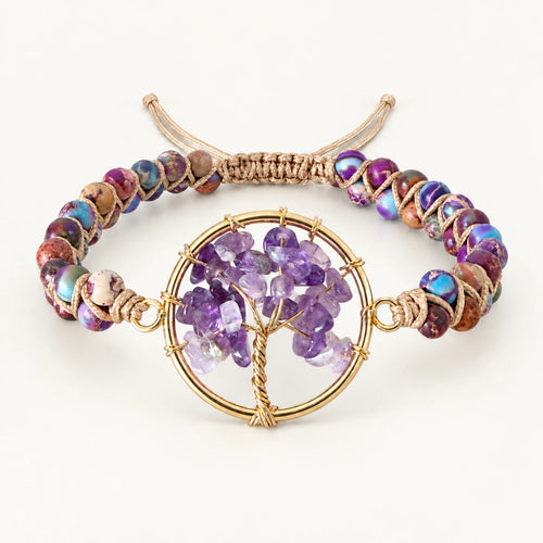 Pulsera VIOLETTA de jaspe violeta en doble vuelta con charm dorado del árbol de la vida y chips de amatista