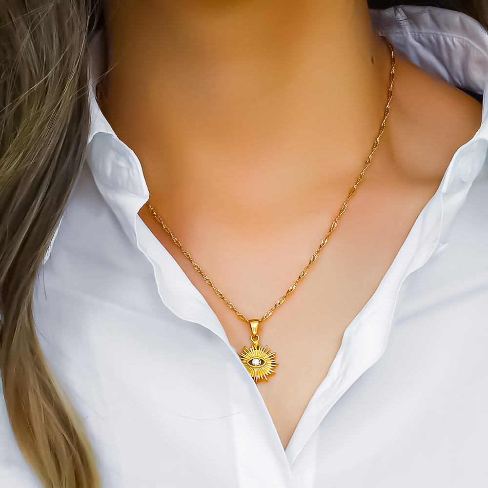 Sonnenamulett-Halsband mit natürlichem Aventurinstein, plattiert mit 18 Karat Gold 