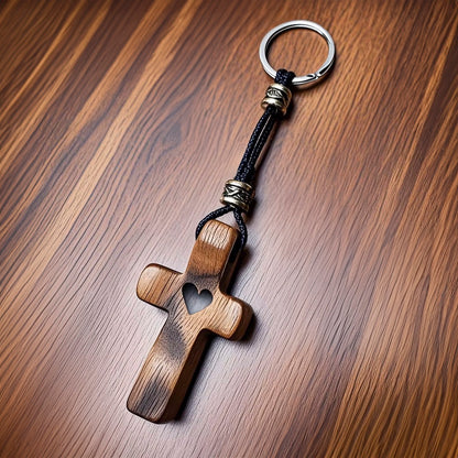Llavero Cruz de Madera de Nogal con Corazón | Unión con Alma, Detalle con Significado