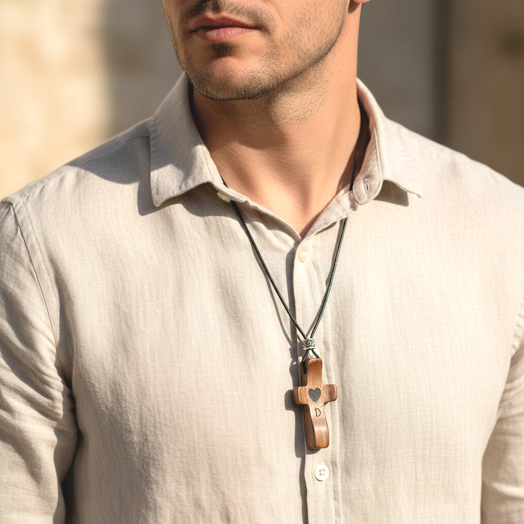 Colgante de Cruz de Madera Grabada a Láser con Nombre y Inicial | Un Símbolo Único y Personal