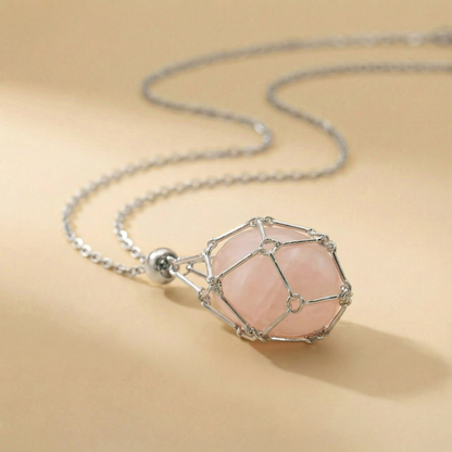 Colgante piedra natural en Jaula | Diseño Geométrico Minimalista de Acero Inoxidable