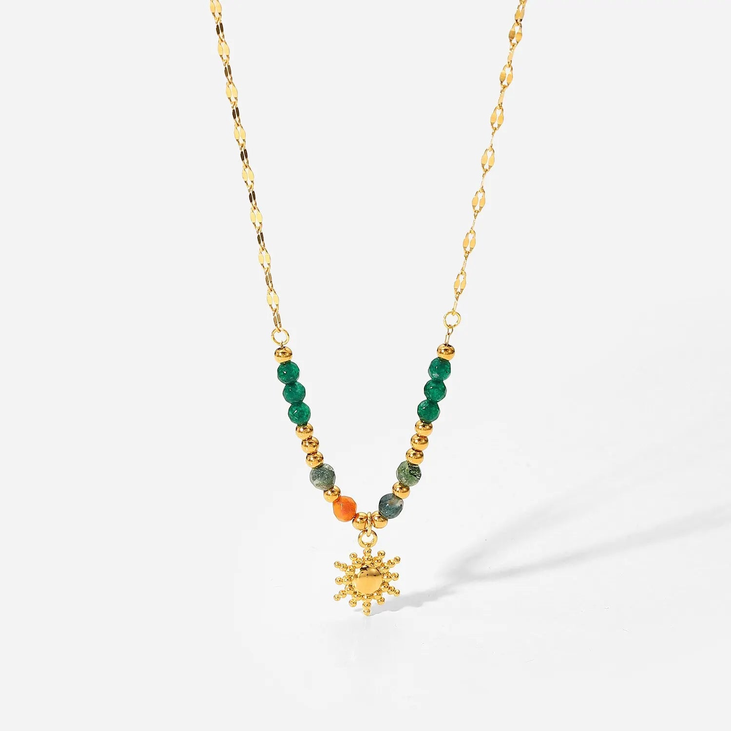 Sonnenamulett-Halsband mit natürlichem Aventurinstein, plattiert mit 18 Karat Gold 