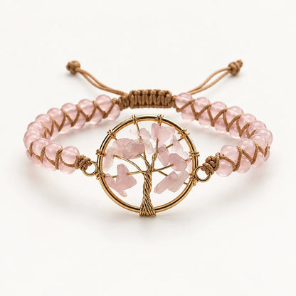 Pulsera DOLCE de cuarzo rosa natural en doble vuelta con charm dorado del árbol de la vida