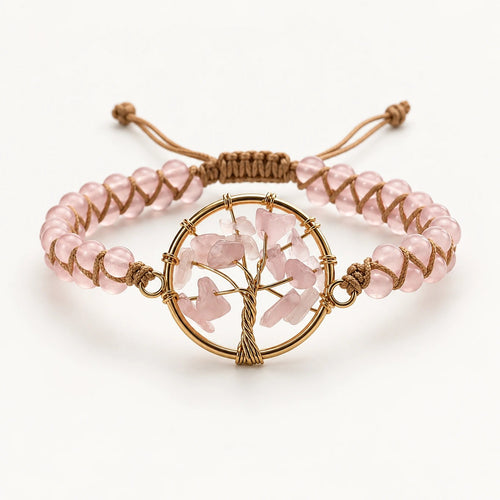 Pulsera DOLCE de cuarzo rosa natural en doble vuelta con charm dorado del árbol de la vida